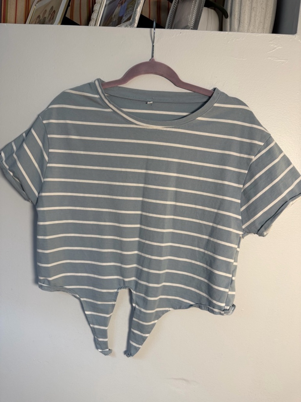 Striped Tie-Front Crop Tee in Light Blue and White